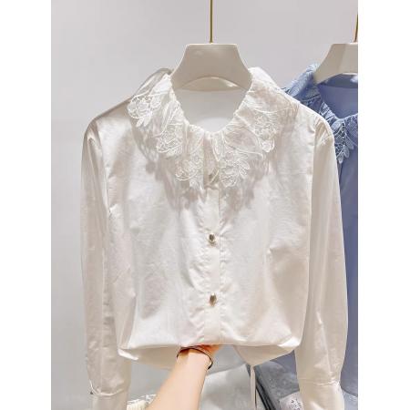 BY10545# 领子刺绣拼接纯色单排扣衬衫 服裝批發女裝批發服飾貨源