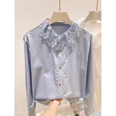 BY10545# 领子刺绣拼接纯色单排扣衬衫 服裝批發女裝批發服飾貨源