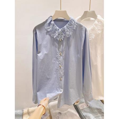 BY10545# 领子刺绣拼接纯色单排扣衬衫 服裝批發女裝批發服飾貨源