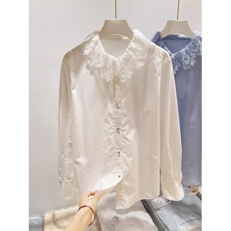 BY10545# 领子刺绣拼接纯色单排扣衬衫 服裝批發女裝批發服飾貨源
