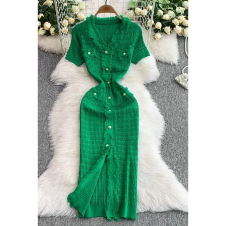 BY10547# 夏新款欧美跨境优雅气质V领修身短袖流苏小众针织连衣裙显瘦 服裝批發女裝批發服飾貨源