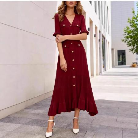 BY10548# 夏季新款V领短袖女士裙跨境欧美新款修身显瘦a字针织连衣裙 服裝批發女裝批發服飾貨源