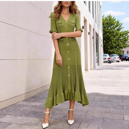 BY10548# 夏季新款V领短袖女士裙跨境欧美新款修身显瘦a字针织连衣裙 服裝批發女裝批發服飾貨源