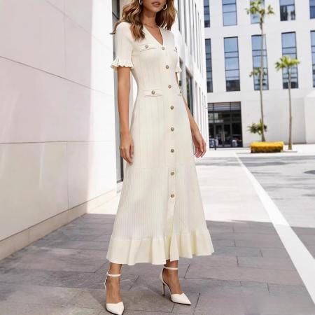 BY10548# 夏季新款V领短袖女士裙跨境欧美新款修身显瘦a字针织连衣裙 服裝批發女裝批發服飾貨源