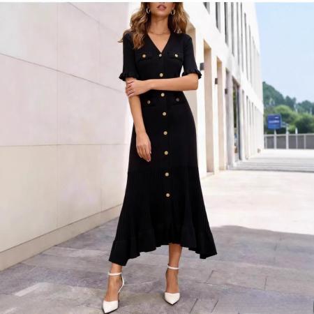 BY10548# 夏季新款V领短袖女士裙跨境欧美新款修身显瘦a字针织连衣裙 服裝批發女裝批發服飾貨源