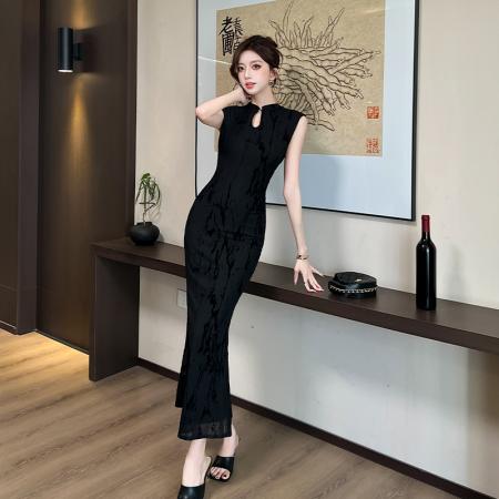 BY10549# 春夏新款黑色高级感改良版新中式包臀收腰旗袍连衣裙长裙礼服 服裝批發女裝批發服飾貨源