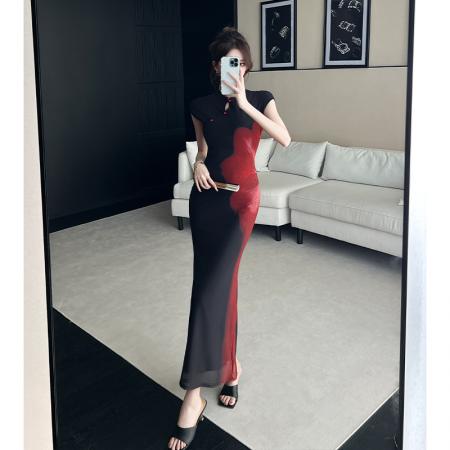 BY10550# 春夏新款新中式红色撞色旗袍连衣裙网纱背心收腰长裙复古显瘦 服裝批發女裝批發服飾貨源