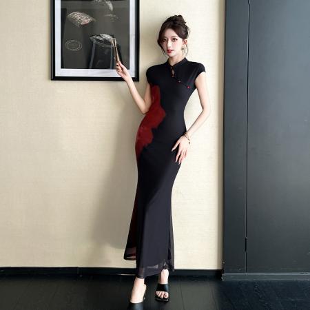 BY10550# 春夏新款新中式红色撞色旗袍连衣裙网纱背心收腰长裙复古显瘦 服裝批發女裝批發服飾貨源