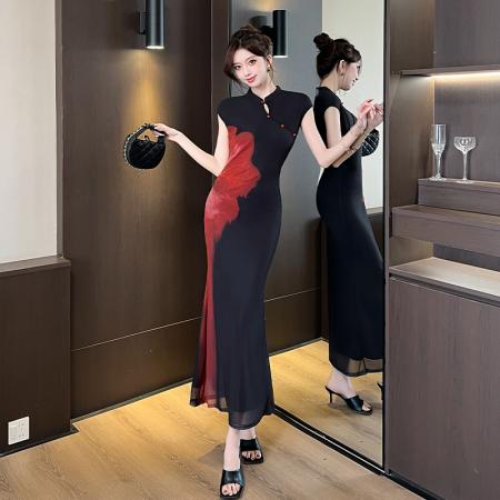 BY10550# 春夏新款新中式红色撞色旗袍连衣裙网纱背心收腰长裙复古显瘦 服裝批發女裝批發服飾貨源