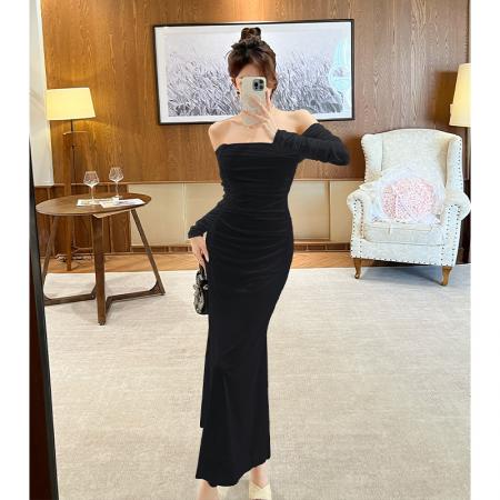 BY10552# 春夏新款性感高端网纱露肩聚会鱼尾裙优雅显瘦生日礼服长裙潮 服裝批發女裝批發服飾貨源