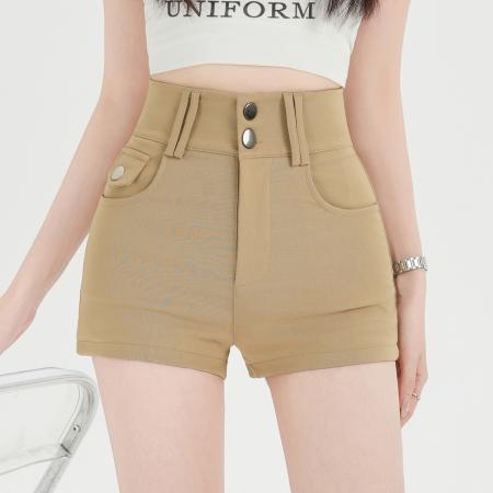 BY10553# 春夏新款美式双扣弹力包臀热裤短裤女气质高腰修身显瘦直筒裤 服裝批發女裝批發服飾貨源