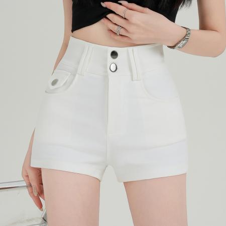 BY10553# 春夏新款美式双扣弹力包臀热裤短裤女气质高腰修身显瘦直筒裤 服裝批發女裝批發服飾貨源