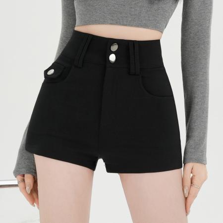 BY10553# 春夏新款美式双扣弹力包臀热裤短裤女气质高腰修身显瘦直筒裤 服裝批發女裝批發服飾貨源