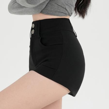 BY10553# 春夏新款美式双扣弹力包臀热裤短裤女气质高腰修身显瘦直筒裤 服裝批發女裝批發服飾貨源