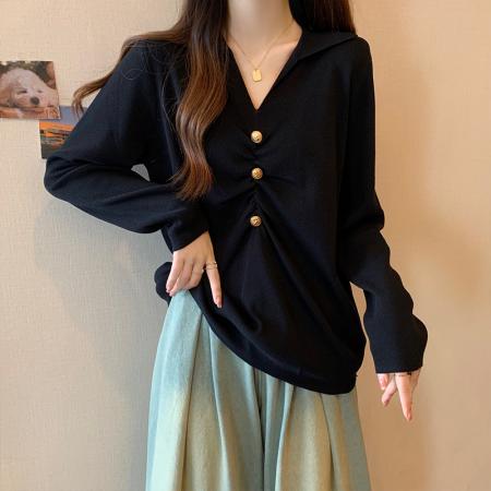 BY10554# 大码女装春季新款韩版POLO领针织衫胖mm遮肚子纯色翻领毛衣上衣女 服裝批發女裝批發服飾貨源