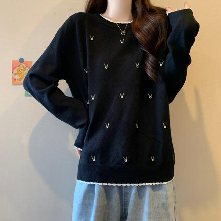 BY10555# 胖mm春季新款韩版刺绣针织衫大码女装圆领长袖外穿毛衣上衣 服裝批發女裝批發服飾貨源