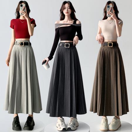 BY10557# 复古条纹高腰百褶半身裙女春夏新款百搭气质a字西装长裙 服裝批發女裝批發服飾貨源