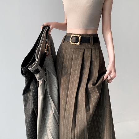 BY10557# 复古条纹高腰百褶半身裙女春夏新款百搭气质a字西装长裙 服裝批發女裝批發服飾貨源