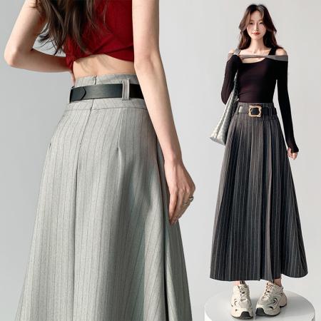 BY10557# 复古条纹高腰百褶半身裙女春夏新款百搭气质a字西装长裙 服裝批發女裝批發服飾貨源