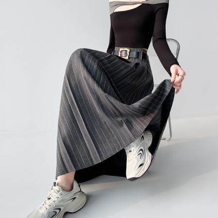 BY10557# 复古条纹高腰百褶半身裙女春夏新款百搭气质a字西装长裙 服裝批發女裝批發服飾貨源