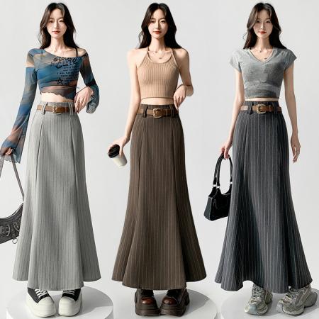 BY10558# 复古条纹高腰鱼尾裙半身裙女春夏新款气质显瘦西装长裙 服裝批發女裝批發服飾貨源