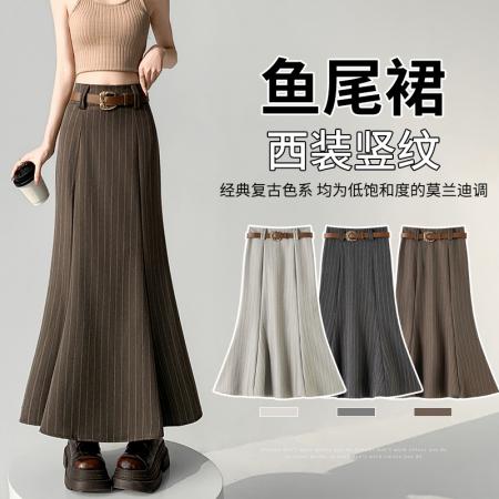 BY10558# 复古条纹高腰鱼尾裙半身裙女春夏新款气质显瘦西装长裙 服裝批發女裝批發服飾貨源