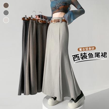 BY10558# 复古条纹高腰鱼尾裙半身裙女春夏新款气质显瘦西装长裙 服裝批發女裝批發服飾貨源