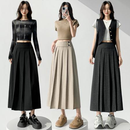 BY10559# 复古设计感高腰百褶半身裙女春夏新款显瘦百搭西装a字裙 服裝批發女裝批發服飾貨源
