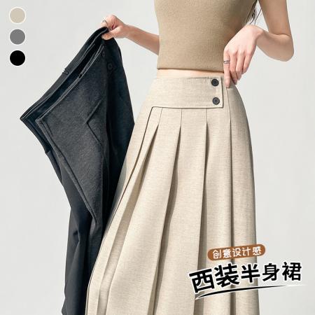 BY10559# 复古设计感高腰百褶半身裙女春夏新款显瘦百搭西装a字裙 服裝批發女裝批發服飾貨源