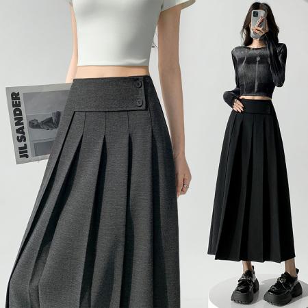 BY10559# 复古设计感高腰百褶半身裙女春夏新款显瘦百搭西装a字裙 服裝批發女裝批發服飾貨源