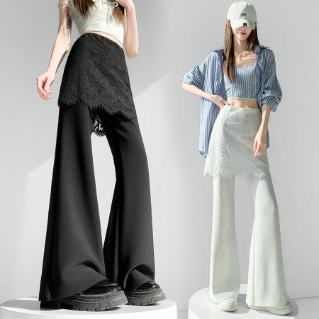 BY10562# 蕾丝假两件屁帘微喇裤女春夏高腰显瘦休闲裤垂感拖地长裤 服裝批發女裝批發服飾貨源