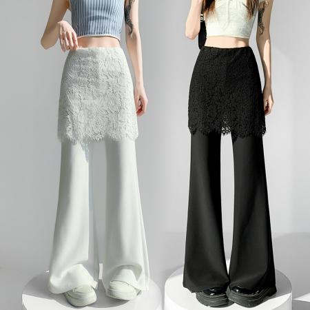 BY10562# 蕾丝假两件屁帘微喇裤女春夏高腰显瘦休闲裤垂感拖地长裤 服裝批發女裝批發服飾貨源