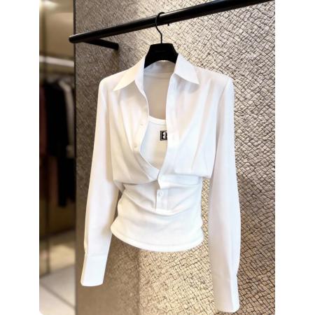 BY10563# 简约宽松舒适休闲随性干练流行百搭白色假两件衬衫女早春小衫 服裝批發女裝批發服飾貨源