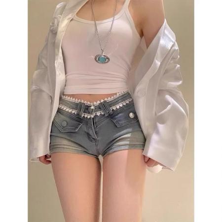 BY10567# 韩系辣妹牛仔短裤女春夏季低腰显瘦显高蕾丝拼接包臀直筒超短热裤 服裝批發女裝批發服飾貨源