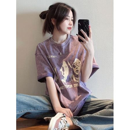 BY10582# 纯棉后包领洗水做旧短袖t恤女夏 服裝批發女裝批發服飾貨源