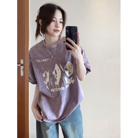 BY10582# 纯棉后包领洗水做旧短袖t恤女夏 服裝批發女裝批發服飾貨源