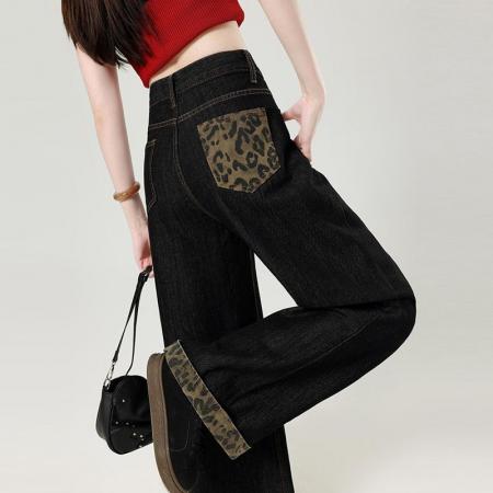 BY10583# 卷边黑色豹纹拼接大码胖MM阔腿牛仔裤女装宽松遮肉拖地直筒长裤子 服裝批發女裝批發服飾貨源