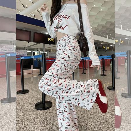 BY10584# 修身小个子印花直筒牛仔裤女秋季新款街头胖mm宽松显瘦阔腿拖地裤 服裝批發女裝批發服飾貨源