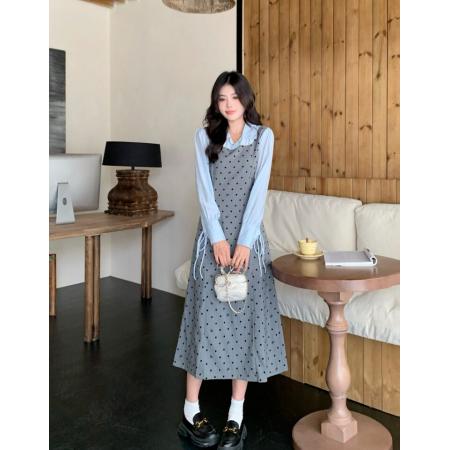 BY10585# 大码微胖假两件波点连衣裙女春季新款长袖背心裙胖MM遮肚显瘦裙子 服裝批發女裝批發服飾貨源