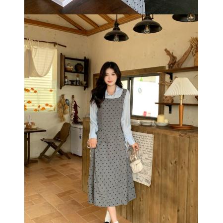 BY10585# 大码微胖假两件波点连衣裙女春季新款长袖背心裙胖MM遮肚显瘦裙子 服裝批發女裝批發服飾貨源