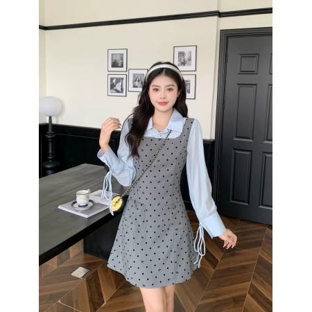 BY10585# 大码微胖假两件波点连衣裙女春季新款长袖背心裙胖MM遮肚显瘦裙子 服裝批發女裝批發服飾貨源