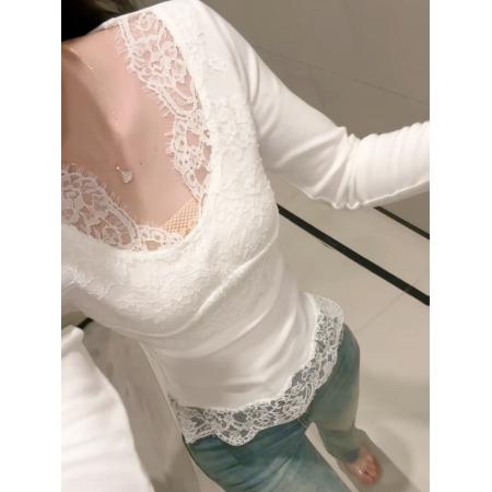 BY10586# 磨毛蕾丝拼接打底衫女内搭长袖t恤新款修身显瘦 服裝批發女裝批發服飾貨源