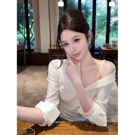 BY10587# 法式温柔风交叉V领露肩衬衫褶皱上衣 服裝批發女裝批發服飾貨源