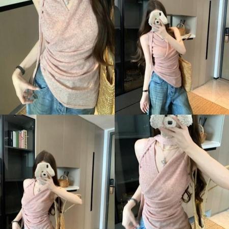 BY10588# 粉色甜美外穿背心女夏季新款飘带美背挂脖吊带不规则辣妹修身上衣 服裝批發女裝批發服飾貨源