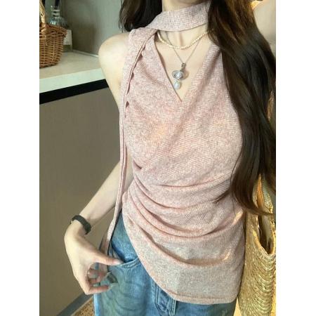 BY10588# 粉色甜美外穿背心女夏季新款飘带美背挂脖吊带不规则辣妹修身上衣 服裝批發女裝批發服飾貨源