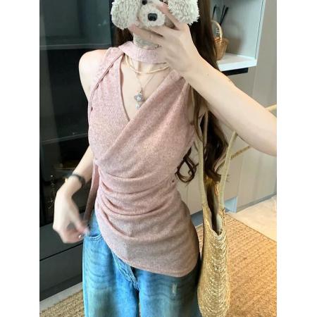 BY10588# 粉色甜美外穿背心女夏季新款飘带美背挂脖吊带不规则辣妹修身上衣 服裝批發女裝批發服飾貨源