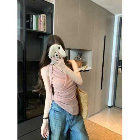 BY10588# 粉色甜美外穿背心女夏季新款飘带美背挂脖吊带不规则辣妹修身上衣 服裝批發女裝批發服飾貨源