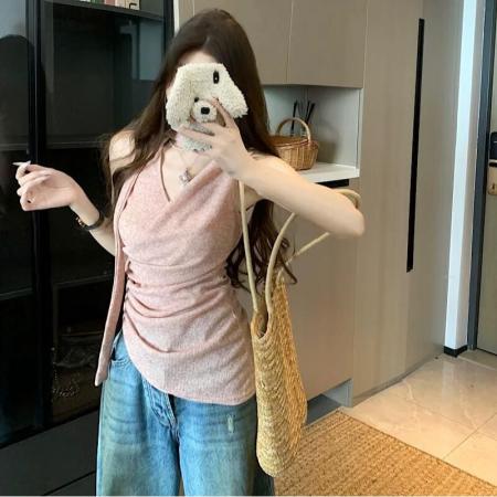 BY10588# 粉色甜美外穿背心女夏季新款飘带美背挂脖吊带不规则辣妹修身上衣 服裝批發女裝批發服飾貨源