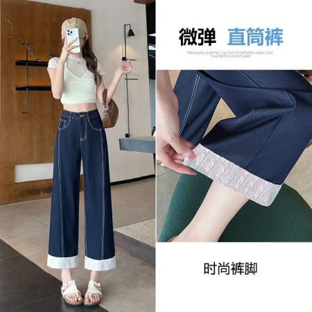 BY10589# 撞色拼接设计丹宁蓝直筒牛仔裤女春夏季薄款高腰显瘦小个子阔腿裤 服裝批發女裝批發服飾貨源