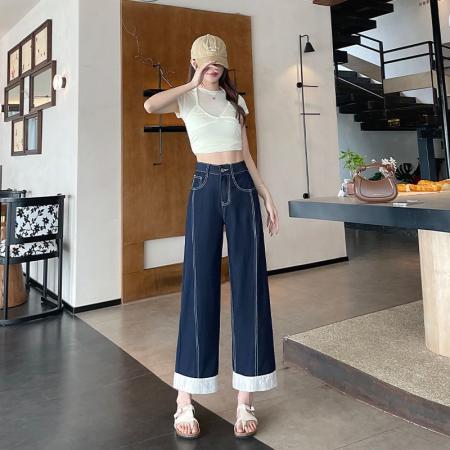 BY10589# 撞色拼接设计丹宁蓝直筒牛仔裤女春夏季薄款高腰显瘦小个子阔腿裤 服裝批發女裝批發服飾貨源